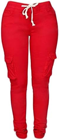 נשים מקרית למתוח שרוך סקיני מכנסיים מטען אצן מכנסיים גבוהה מותן עניבת התחת מעלית מכנסיים עם כיסים