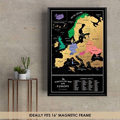מפת השריטה המפורטת של אירופה - קלה למסגרת 24 x 16 פוסטר מפת נסיעות אירופאי עם ערים - מפות קיר דחיפה בשחור וזהב גדול - מפות