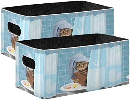 OYIHFVS חתול מצחיק מתרחץ באמבטיה מאחורי וילון מקלחת 2 יח 'פחי אחסון מתקפלים סלי סלי, מארגן בדים מתקפל קופסאות קופסאות