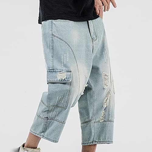 גברים של רטרו בתוספת גודל אופנה ג 'ינס מכנסיים קצרים בסיסי קרע לשטוף מכנסיים קצרים בכושר רגוע למתוח בציר קצוץ ז' אן קצר