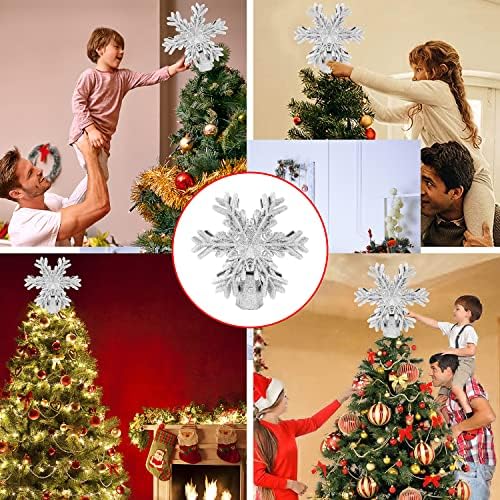 טופר עץ חג המולד של Likyuu, טופר עץ חג המולד מכסף מואר באורות מקרן של פתית שלג מסתובבת אורות קישוטי קישודים מוארים