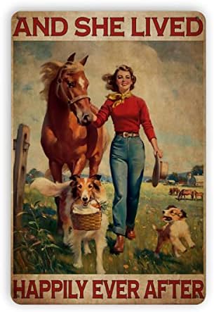 יוונטין מתכת פח רטרו חותם- ילדה וינטג 'עם פוסטר סוסים וכלבים, היא חיה באושר באושר אחרי אמנות, עיצוב סלון קיר 8x12