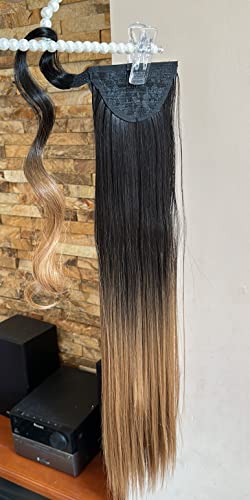 ישר לעטוף סביב קוקו שחור בלונדינית אומברה תוספות שיער 22 סנטימטרים ארוך פאה עבור נשים ילדה מתנה, ישר - טבעי שחור