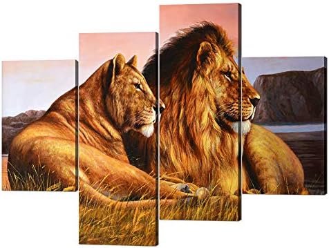 4 פאנלים תמונות אריה תפאורה קיר לבאה ואריה על תמונת הפרארי מודפסת על יצירות אמנות של קנבס ג'יקלה מודרנית קיר קיר אריה מודרנית