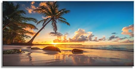 אייבונלי קיר אמנות בד ציור שקיעה על חוף טרופי עם עצי דקל 1 חתיכה כחול שמיים אוקיינוס נוף לים תמונה פוסטר הדפסת ממוסגר