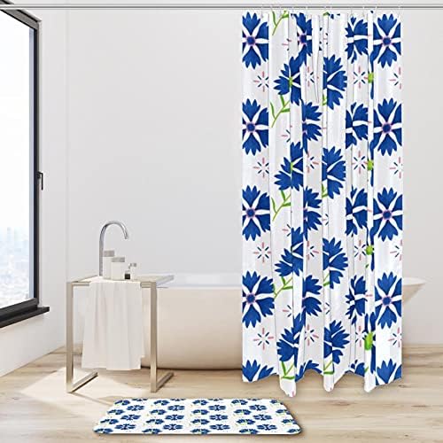 פרחים כחולים וילון מקלחת ושטיח אמבטיה סט וילון אמבטיה בד עמיד למים ושטיח סט עם ווים