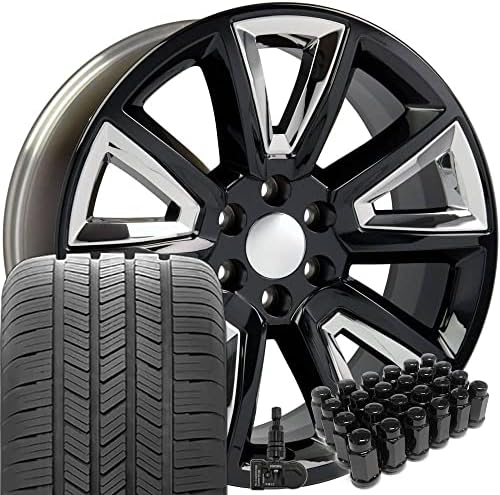 גלגלים OE LLC 20 אינץ 'חישוקים מתאימים לשברולט סילברדו טאהו סיירה יוקון Escalade CV73 שחור w/Chrome 20x8.5 חישוקים