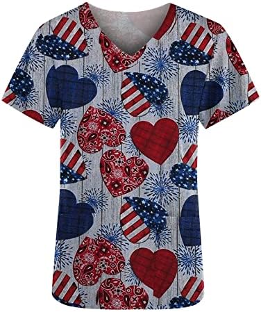שרוול קצר צווארון עבודה משרד לשפשף אחיד למעלה חולצת טי לנשים יום העצמאות כוכב לב גרפי חולצה 6 מ