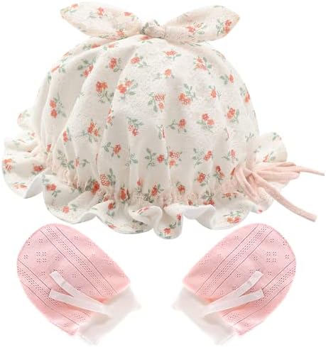 כובע ותינוקות מתכוונן של זורליי כובע וכפפות מוגדרות למשך 0-12 חודשים, כובע שמש כותנה פרחים עם כפפות ליילוד, תינוק