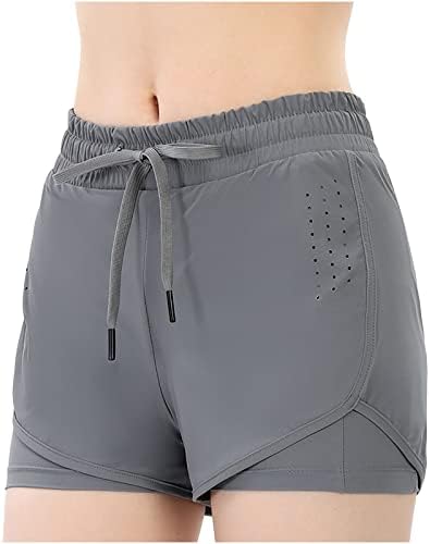 Qiguandz נשים מהירות ריצה יבשה משיכה מכנסיים קצרים בקיץ מותניים אלסטיים שכבה כפולה יוגה מכנסיים אתלטים עם