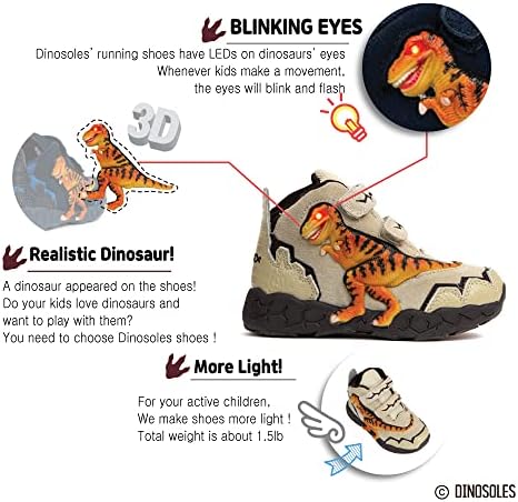 Dinosoles 3D T-rex מהבהב הוביל נעלי דינוזאור ילדים גבוהות. נעלי ספורט לילדים קלים. פעוט שזוף בגודל 10.