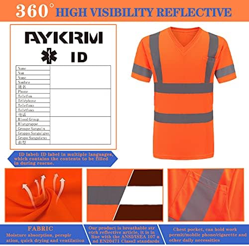 Aykrm hi vis vis חולצת Ansi Class 3 V צוואר בטיחות רפלקטיבית חולצות נראות גבוהה