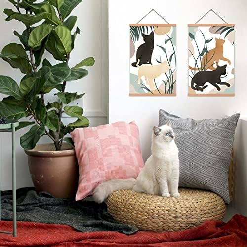 עיצוב קיר של CHDITB חתול, מודרני צבעוני בוהו שחור שחור אמנות קיר, פוסטר מסגרת תוקב קיטי חמוד, 28x45 סמ מופשט עלים