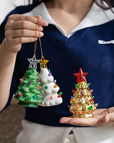 B Sepor סט של 3 מיני מיני בגודל 4.5 אינץ 'נוסטלגי עץ חג המולד קרמיקה עם אורות עץ חג המולד שמאיר קישוטים