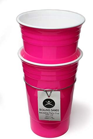 Rolling Sands לשימוש חוזר לשימוש חוזר ללא 16 גרם כוסות מסיבה ורודים של ניאון עם מכסים - חבילה 15, תוצרת ארהב