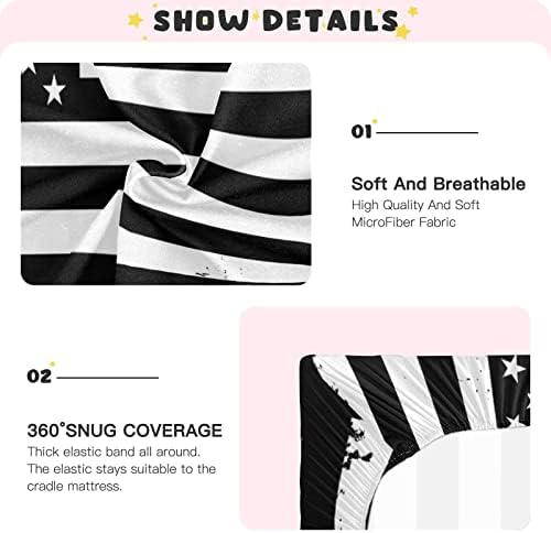 Alaza Grunge USA ארהב דגל אמריקאי דגל לבן ושחור גיליונות עריסה מצוידים בסדין בסינט לבנים פעוטות תינוקות, גודל סטנדרטי 52 x 28