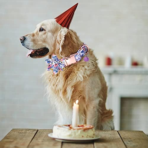 צווארון כלב ילדה ורצועה, צווארון כלבי אבזם מתכת עם עניבת פרחים ופעמון, דפוס פרחים מתכוונן צווארוני כלבים נשיים חמודים לכלבים