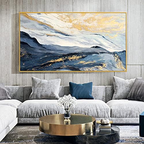 אמנות קיר מצוירת ביד - ארט מופשט ציור שמן זורם צבע ענן ים ים זהב כרזת נייר דקורטיבי ציור שמן ציור מרקם