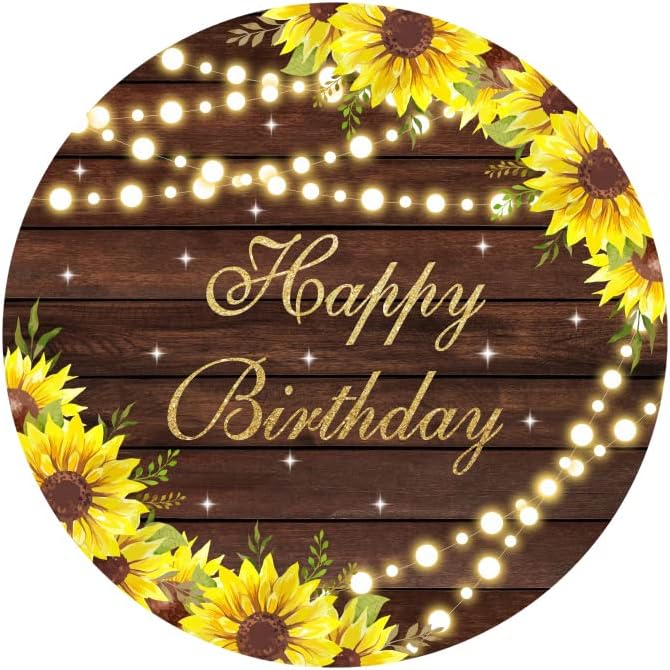 Yeele 7x7ft חמניות יום הולדת שמח רקע עגול פרחים צהובים אורות מחרוז