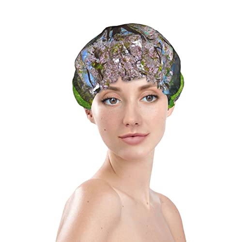 פרחים ורודים קפיצים מודפסים כובע מקלחת סאטן מכסה שיער כובע אמבטיה אטום למים רצועה אלסטית נמתחת כובע מקלחת שימוש חוזר לשימוש