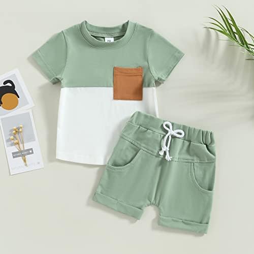 בגדי תינוקות פעוטות בגדים עם שרוול קצר ניגודיות צמרות ומכנסי שרוך בצבע אחיד 2 יחידות תלבושות קיץ סט