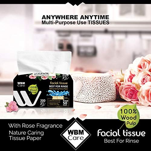 WBM Care W8102M1-P12A רקמת פנים רכה עם ניחוח ורדים, 200 גיליונות/קופסה, חבילה של 12, 12 ספירת, לבן