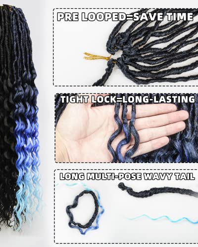 פו לוקס הסרוגה שיער לנשים שחורות - 24 אינץ ' מראש לולאה טבעי שחור + אומברה כחול כהה כדי אור כחול סינטטי תוספות שיער,