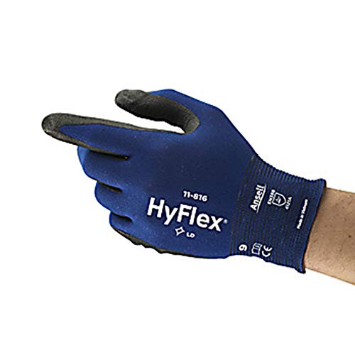 Ansell 11816090 Hyflex Light Duty כפפה תעשייתית רב תכליתית, ציפוי ניטריל קצף, 18 מד, סריגה, שחור/כחול, גודל 9
