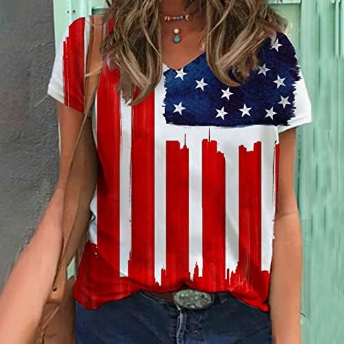 נשים שרוול קצר 2023 VNECK כותנה דגל אמריקאי כוכב חולצה גרפי חולצה סתיו טרקלין קיץ טופ לילדות נוער