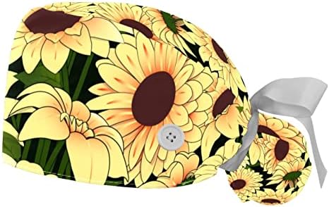 2 חבילות כובעי עבודה עם כפתור, פרחים צהובים כובעי קרצוף בופנט נשים שיער ארוך