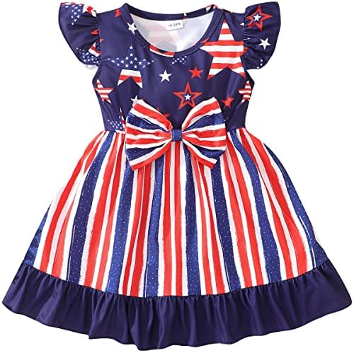 זרמפליי בנות 4 ביולי שמלת פעוט ילדה אמריקאי דגל שמלות רפרוף שרוול פטריוטית בגדי עצמאות יום תלבושות