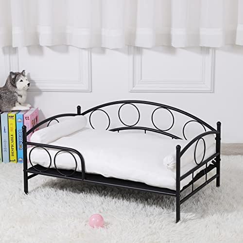 ספת מיטת חיות מחמד, מיטת כלבים עם מסגרת מתכת שחורה וכרית עבה לבנה מנותקת לקיץ כלב בינוני באמצעות