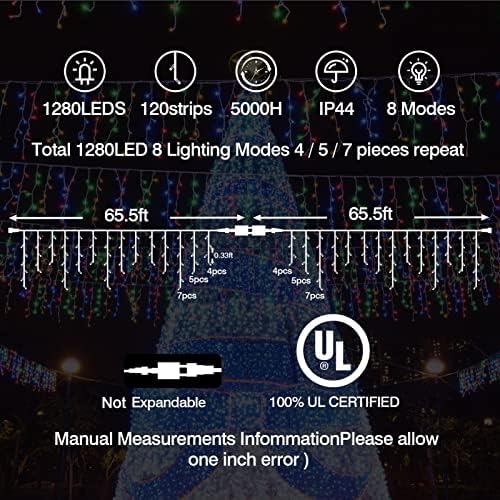 1280 LED ICICLE אורות חג מולד אורות חיצוניים בסך הכל 561ft אורות מיתר מיתר חלון וילון פיות פיות אורות קרח קישוטי חג המולד