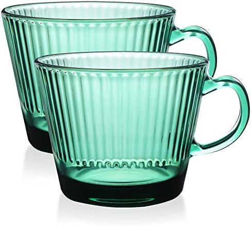 Whjy Ember זכוכית ספלי קפה, פסים כוסות זכוכית ירוקה, סט של 2 כוסות קפה הניתנות לערימה, כוסות תה, ספלי וינטג 'לקפוצ'ינו, לאטה,