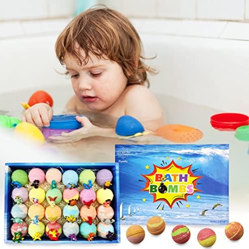 פצצות אמבטיה לבנים עם צעצועים. 24 סט של עדין ילד ידידותי מרכיבים צבעוני אמבטיה פצצת מתנת סט עם בונוס צעצועים