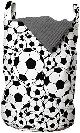 שק כביסה כדורגל אמבסון, דפוס עיצוב מונוכרום של כדורי כדורגל קלאסיים דפוס קריקטורה בנים, סל סל עם ידיות סגירת שרוך למכבסות,
