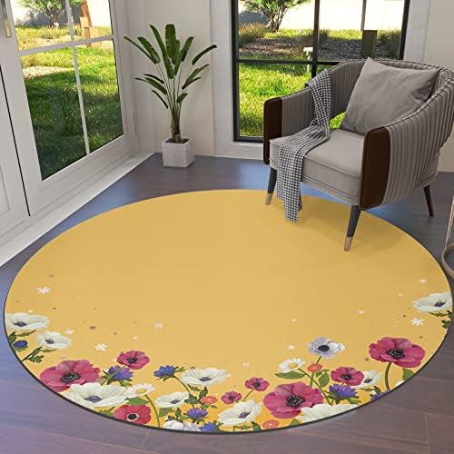 שטיח שטח עגול גדול לחדר שינה בסלון, 6ft שטיחים ללא החלקה לחדר ילדים, אביב פרח יפהפה פרחוני פרחוני רקע צהוב רחיץ שטיח שטיח