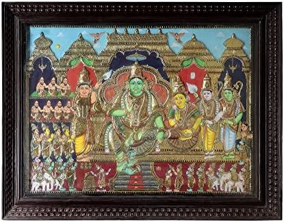 הודו אקזוטית 54 איקס 42 ציור ראמה דרבר טנג ' ור / צבעים מסורתיים עם זהב 24 קראט / מסגרת עץ טיק / זהב ומגבר;