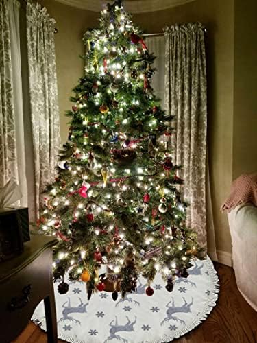 Xollar 48 אינץ 'גדול עץ חג המולד חצאית מחצלת בצבע מים צבי כסוף פתיתי שלג, קישוטים לעץ חג המולד לחופשת מסיבת חורף