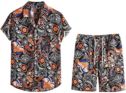 חולצות הוואי מזדמנים של גברים ומכנסיים קצרים מתאימים 2 חלקים מזדמנים תלבושת טרופית צמרות שרוול קצרות ומכנסיים