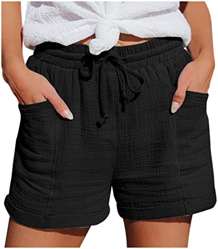 Qifen נשים מכנסי פשתן כותנה מכנסי קיץ מוצקים בנות שרוך מותניים אלסטיים רופפים מכנסיים קצרים מזדמנים עם כיסים