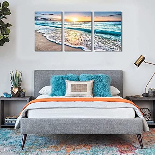 מודרני זריחת נוף ימי בד קיר אמנות מודפס ציור כחול ים ולבן גלים חוף קיר תפאורה לסלון חדר שינה ביתקישוט 16 * 24 אינץ