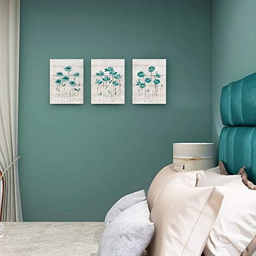 עיצוב אמבטיה של סומגר קיר אמנות קיר תמונות טורקיז לחווה בית מגורים עיצוב קיר בחדר שינה, הדפסי בד פרחים אפור כחול, 3 לוחות