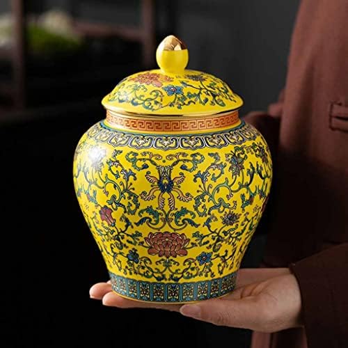 צנצנת ג'ינג'ר קרמיקה של ג'מקו, צנצנת תה דקורטיבית קטנה בצבע צהוב בהיר עם מכסה, חרסינה אמייל קיסרית סינית עתיקה, לסלון