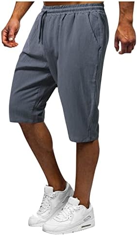 מכנסי פשתן כותנה לגברים, מוצקים מתחת לברך קלאסי התאמה מתאימים מותניים אלסטיים קלים משקל פעילים