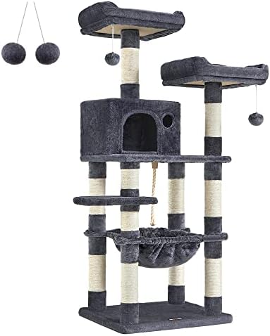 עץ חתול פנדריאה, מגדל חתול לחתולים מקורה, דירת חתול בגודל 56.3 אינץ ' עם עמודי גירוד, ערסל, מוט קטיפה, אפור מעושן 15 מגה