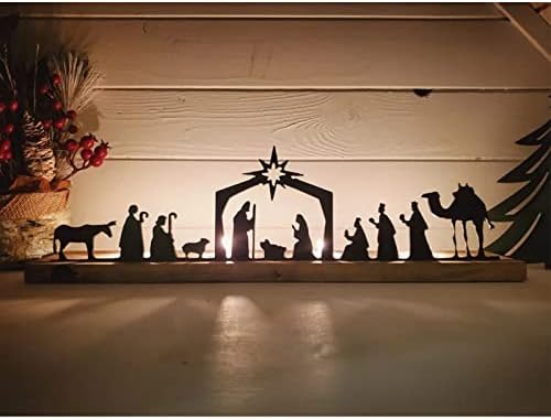 סצנת הילדות מערכה של מירוץ, ערכות לידה של מתכת שחורה לחג המולד מקורה, עם בסיס עץ ואורות, פיצ'ורות אנשים קטנים מערכי