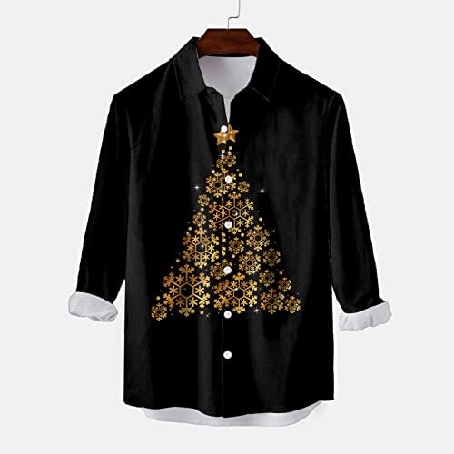 חולצות כפתור לחג המולד של XXBR לגברים, שרוול ארוך 3D חג המולד עץ שלג הדפס עץ הדפסת חולצות הוואי מסיבת חולצות מזדמנים