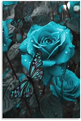 גומג 'ורדים כחולים ופרפרים שחור לבן פוסטר פוסטר אמנות הדפס קיר קיר בית בית דקור בנים בנים מתנה לנשים -LYYUI 12x18