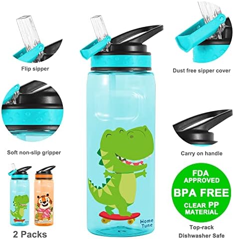 בקבוק שתיית מים לילדים 22 אונקיות - חינם, מכסה קש לגימה, לולאת נשיאה, חסין דליפות, עיצוב חמוד לבנות ולבנים-2 מארז-דינוזאור